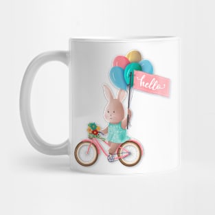 Bunny on Bike with Balloons and Hello Banner Mug